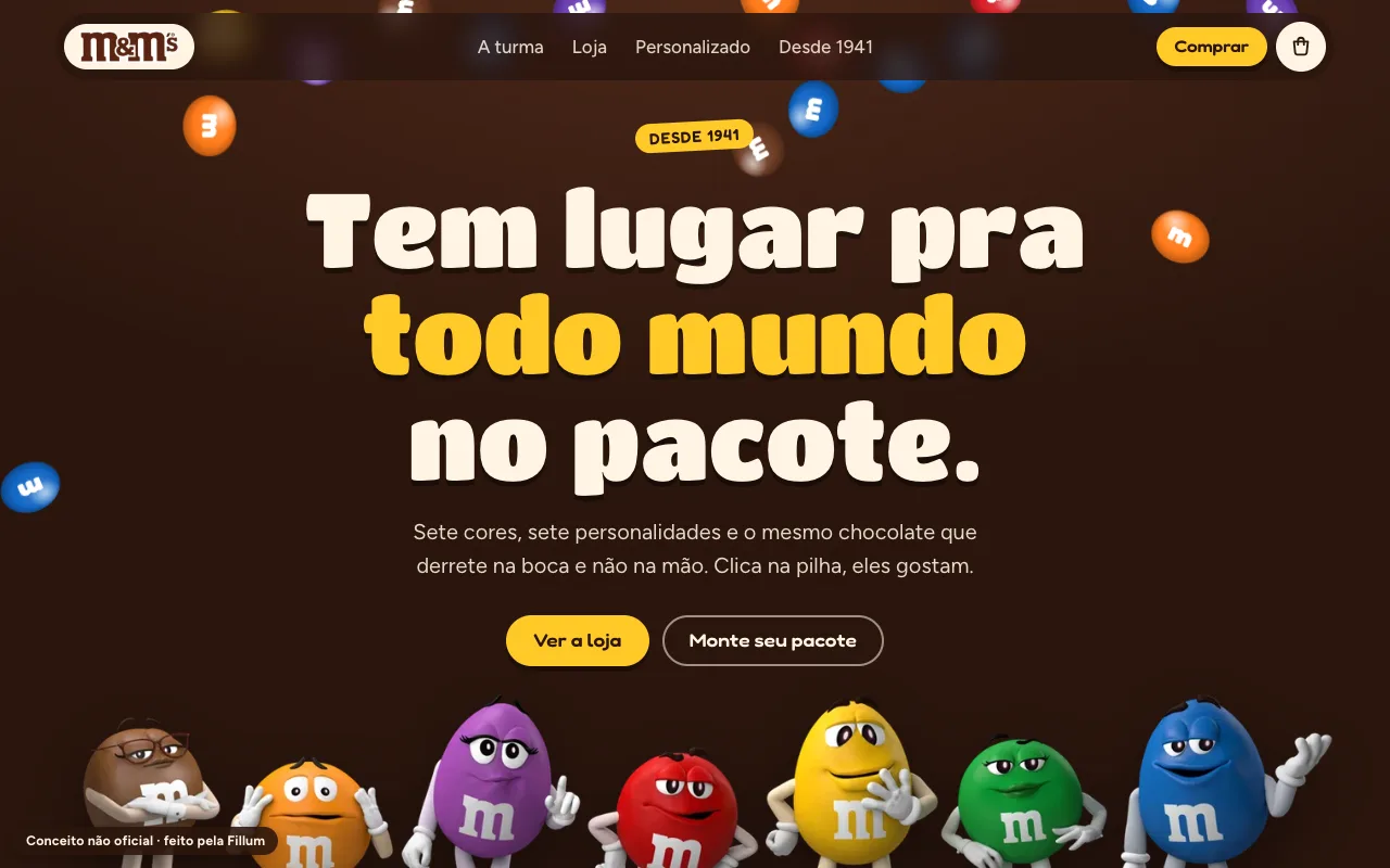 Conceito de site da M&M’s com os personagens coloridos e o título Tem lugar pra todo mundo no pacote