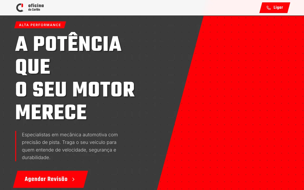 Página inicial do site da Oficina Carlão, em vermelho e grafite